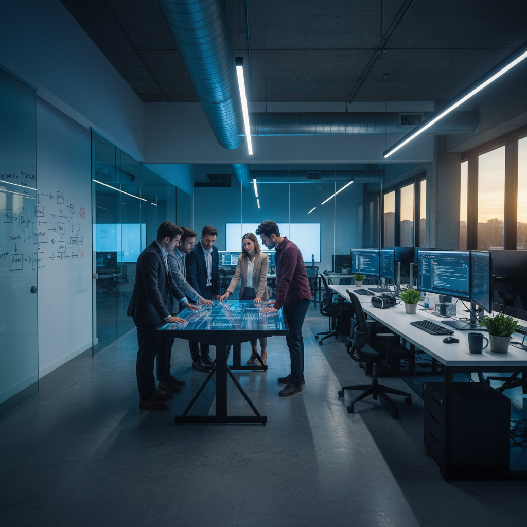 ISO/IEC 29110 certification — A wide-angle, cinematic shot of a modern, open-plan boutique software development studio at dusk, where a small, collabo