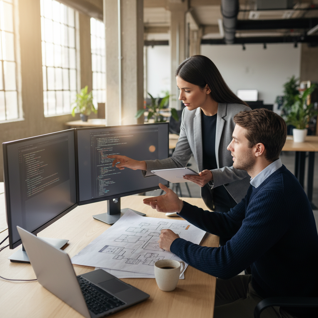 ISO/IEC 29110 certification process audit — An over-the-shoulder wide shot depicts a professional female auditor and a young software developer huddled over a dual-