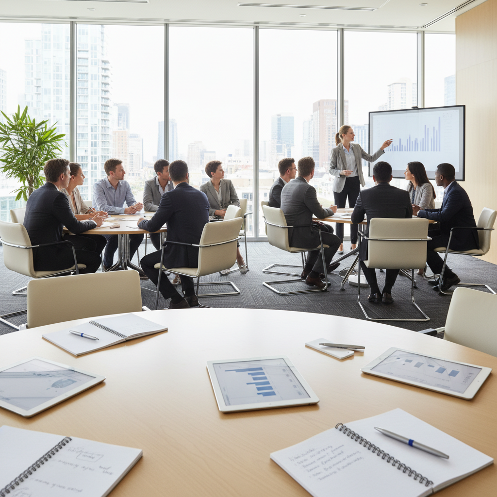 ISO 29993 certification — A wide-angle, editorial shot of a modern, sun-drenched corporate training seminar room where a diverse group of adult pr