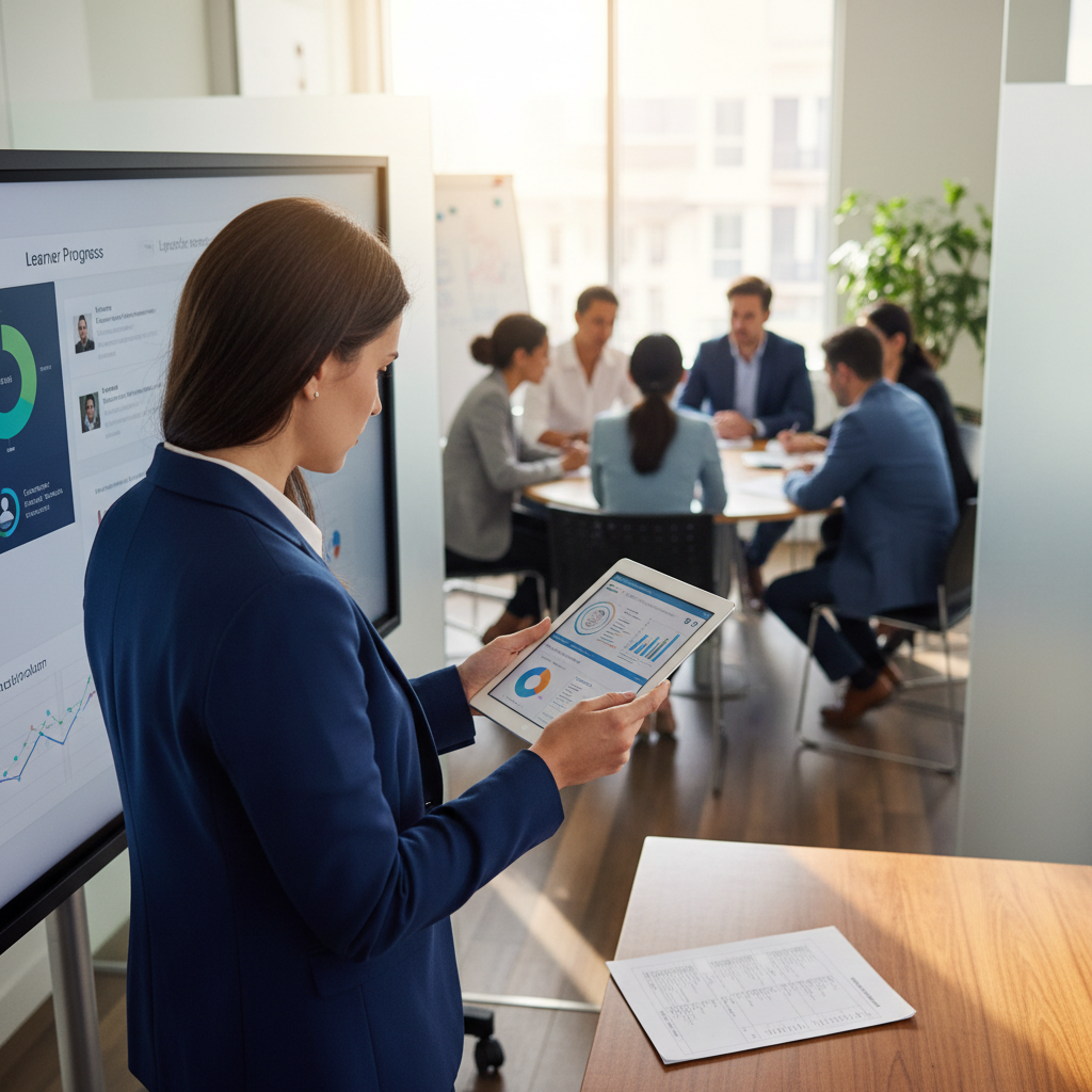 ISO 29993 certification process audit — A professional ISO auditor, wearing a sharp navy blazer, stands beside an interactive digital display in a modern, sun-d