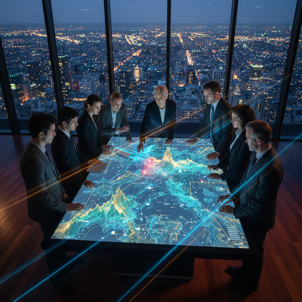 ISO 31000 certification — A wide-angle, high-end editorial shot of a glass-walled corporate strategy hub overlooking a twilight city skyline, wher