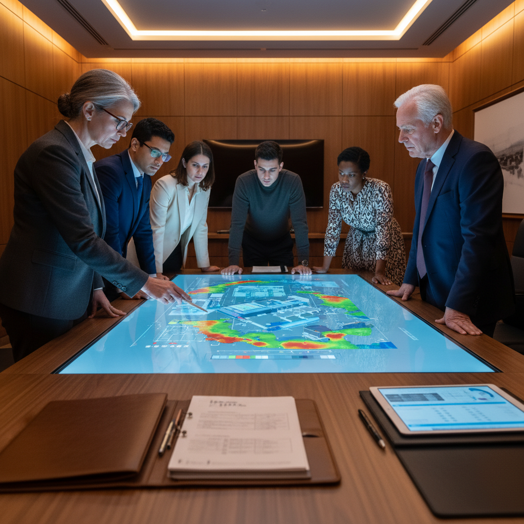 ISO 31000 certification process audit — An over-the-shoulder wide shot follows a senior risk auditor pointing to a digital architectural model on a large glass 