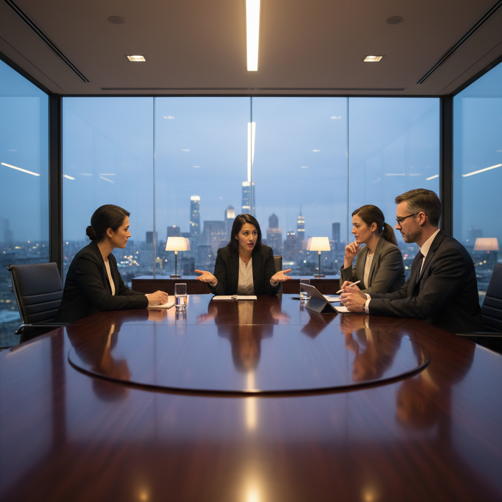 ISO 37002 certification — A wide-angle, low-angle shot of a modern, glass-walled corporate boardroom at dusk, where a diverse group of four profes