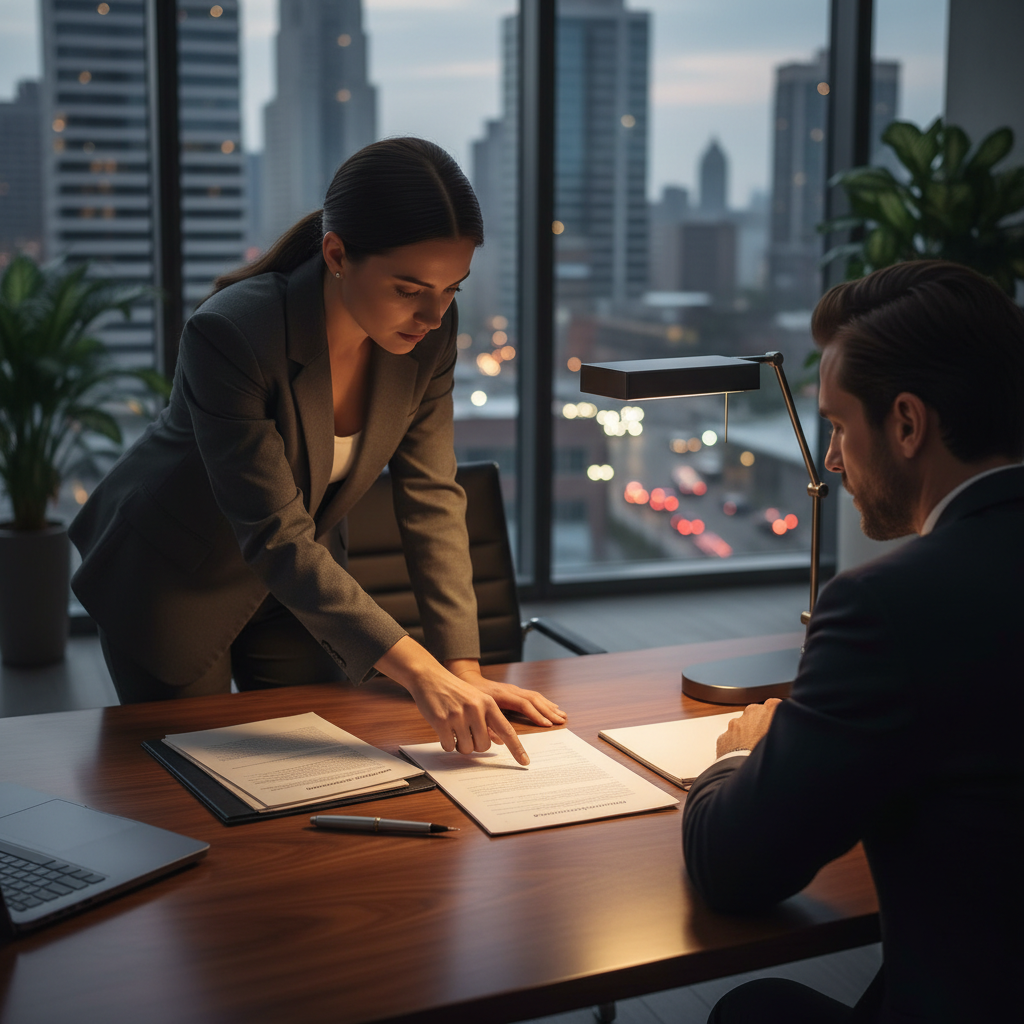 ISO 37002 certification process audit — An over-the-shoulder perspective of a female auditor in a crisp charcoal blazer, leaning over a polished walnut desk to