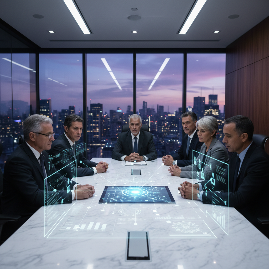 ISO 37301 certification — In a modern, glass-walled corporate boardroom overlooking a dusk-lit metropolitan skyline, a diverse group of senior exe