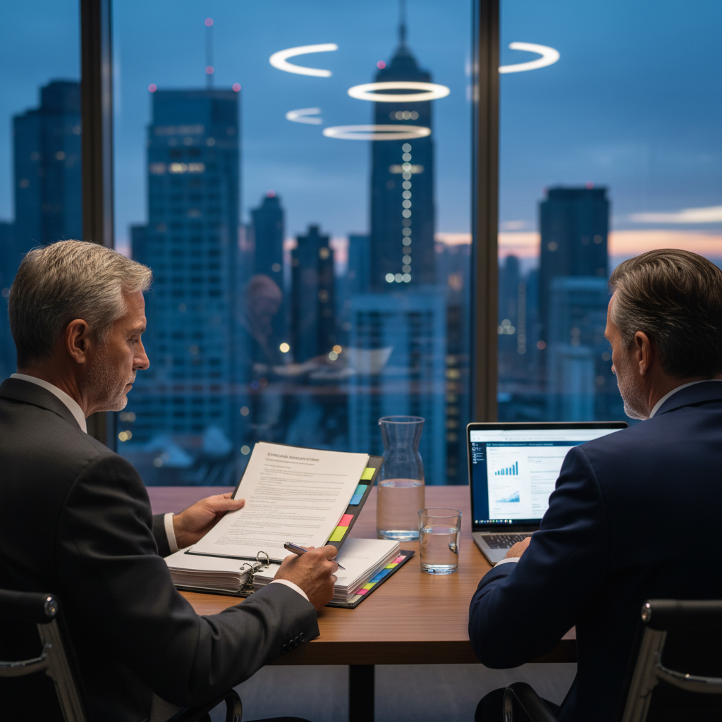 ISO 37301 certification process audit — In a modern, glass-walled corporate boardroom overlooking a dusk-lit city skyline, a senior compliance auditor in a char