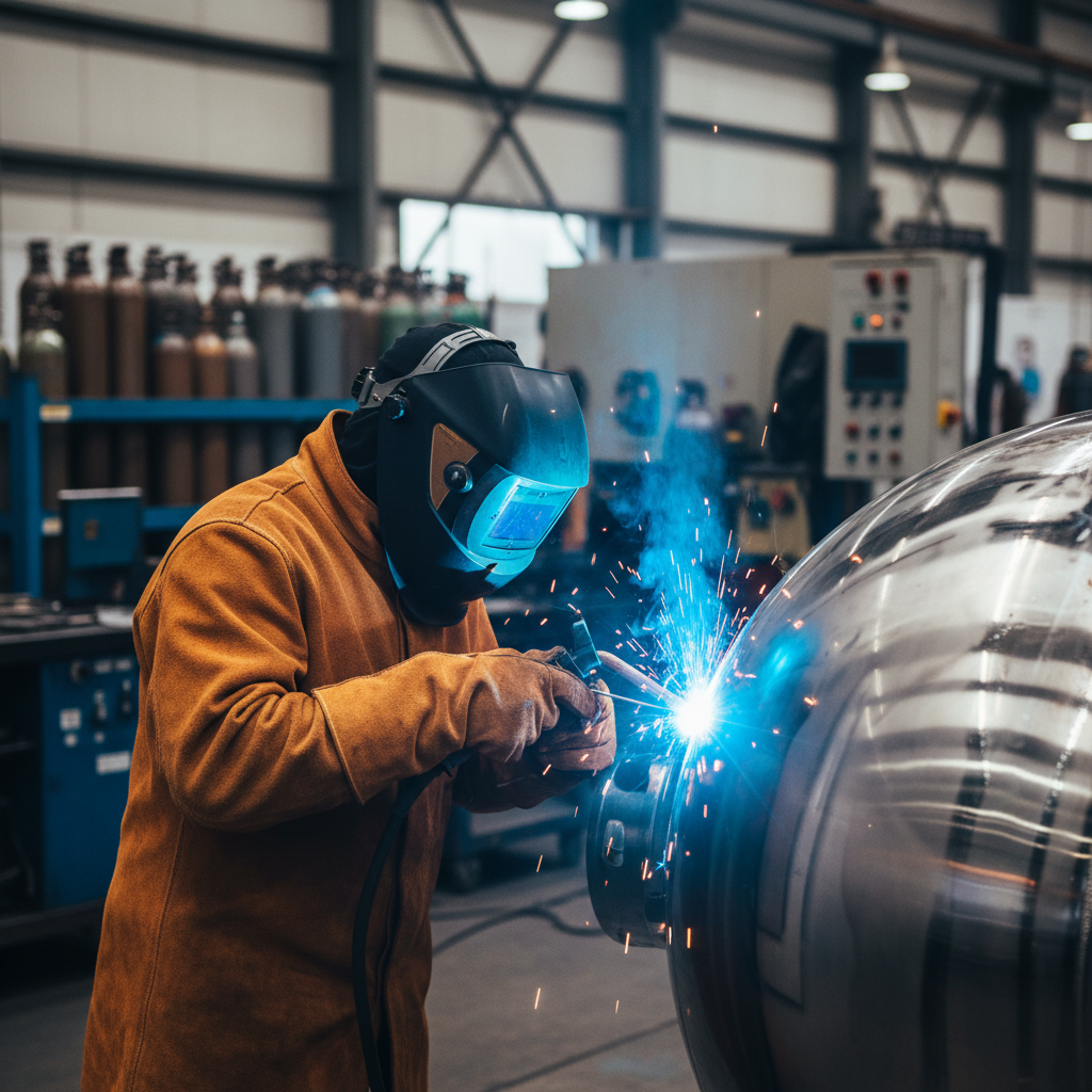ISO 3834-2 certification — A wide-angle, cinematic shot of a heavy industrial fabrication bay where a certified welder, wearing pristine leather PP