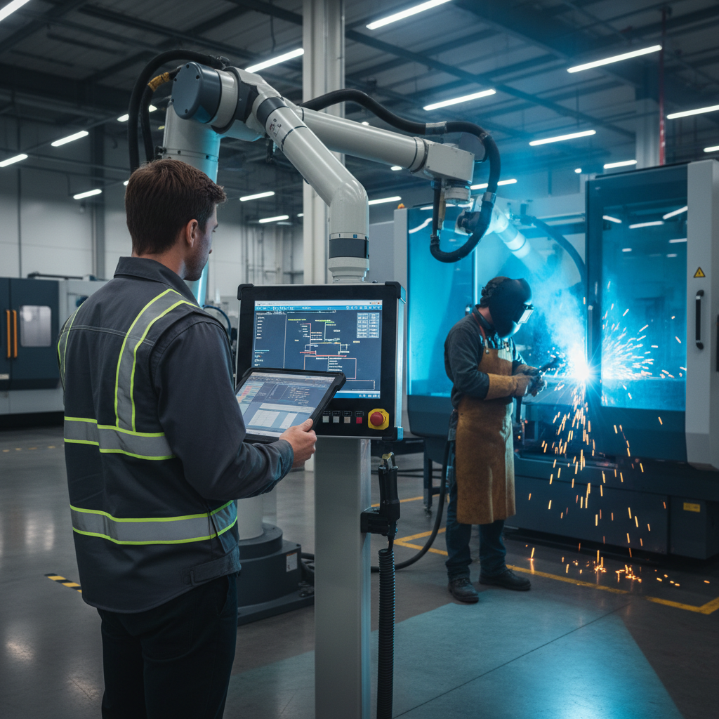ISO 3834-2 certification process audit — A professional ISO auditor in a high-visibility charcoal vest stands on a pristine manufacturing floor, performing an ov