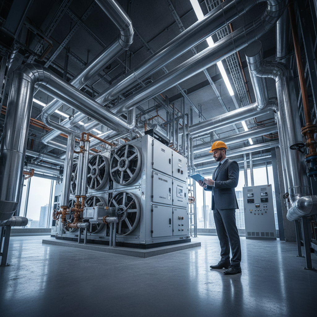 ISO 41001 certification — A wide-angle, low-angle shot of a facility manager in professional attire standing in the luminous, high-tech mechanical