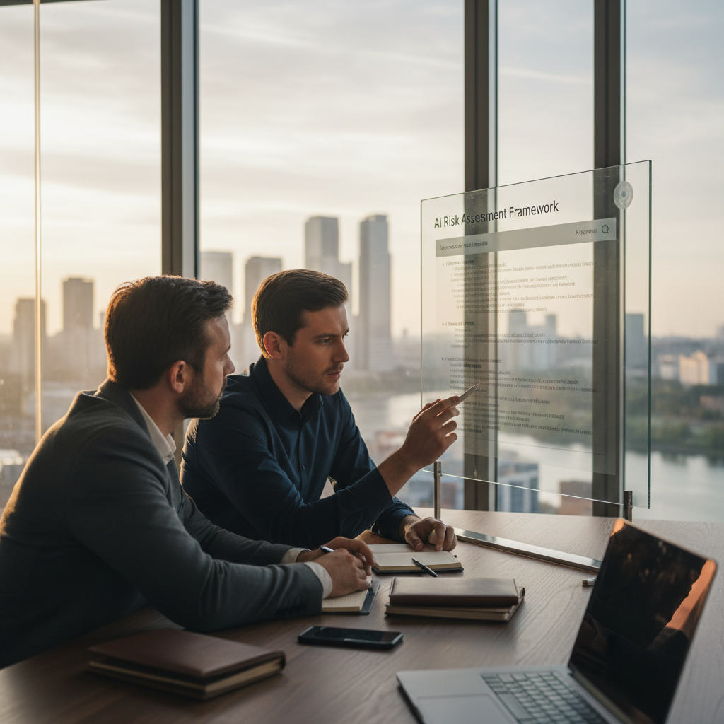 ISO 42001 certification process audit — An over-the-shoulder perspective of a lead auditor and a data scientist collaborating in a high-tech glass-walled meetin