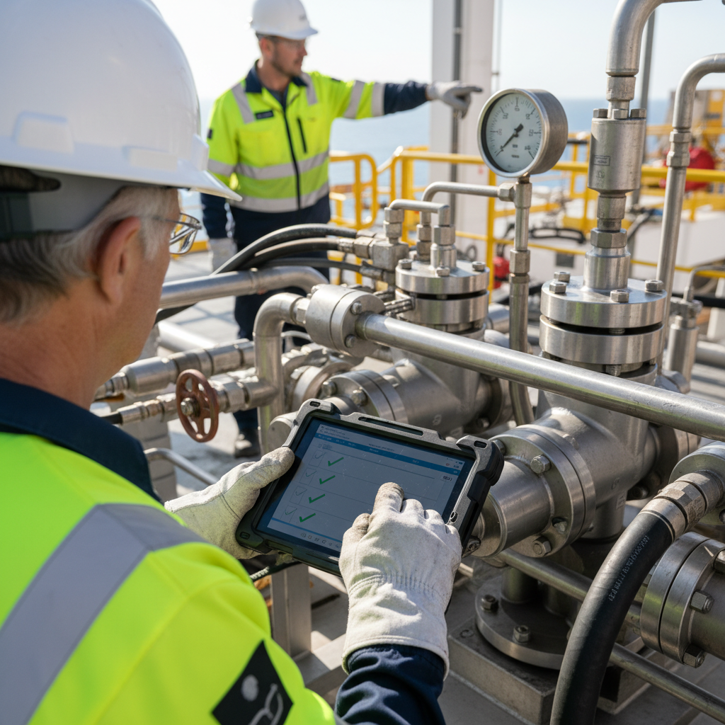 ISO/TS 29001 certification process audit — An over-the-shoulder medium shot of a senior auditor in a reflective high-visibility vest and a white hard hat, holding 